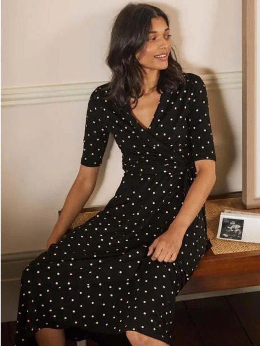 Boden Polka Dot Jersey Stretch Wrap Midi Dress Size US 10L Pink and Black